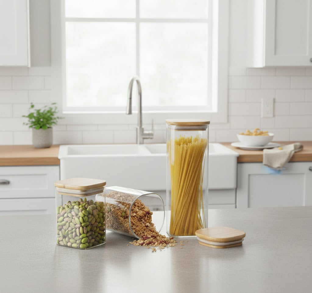 Minimalist Borosilicate Glass Jars with Natural Bamboo Lids